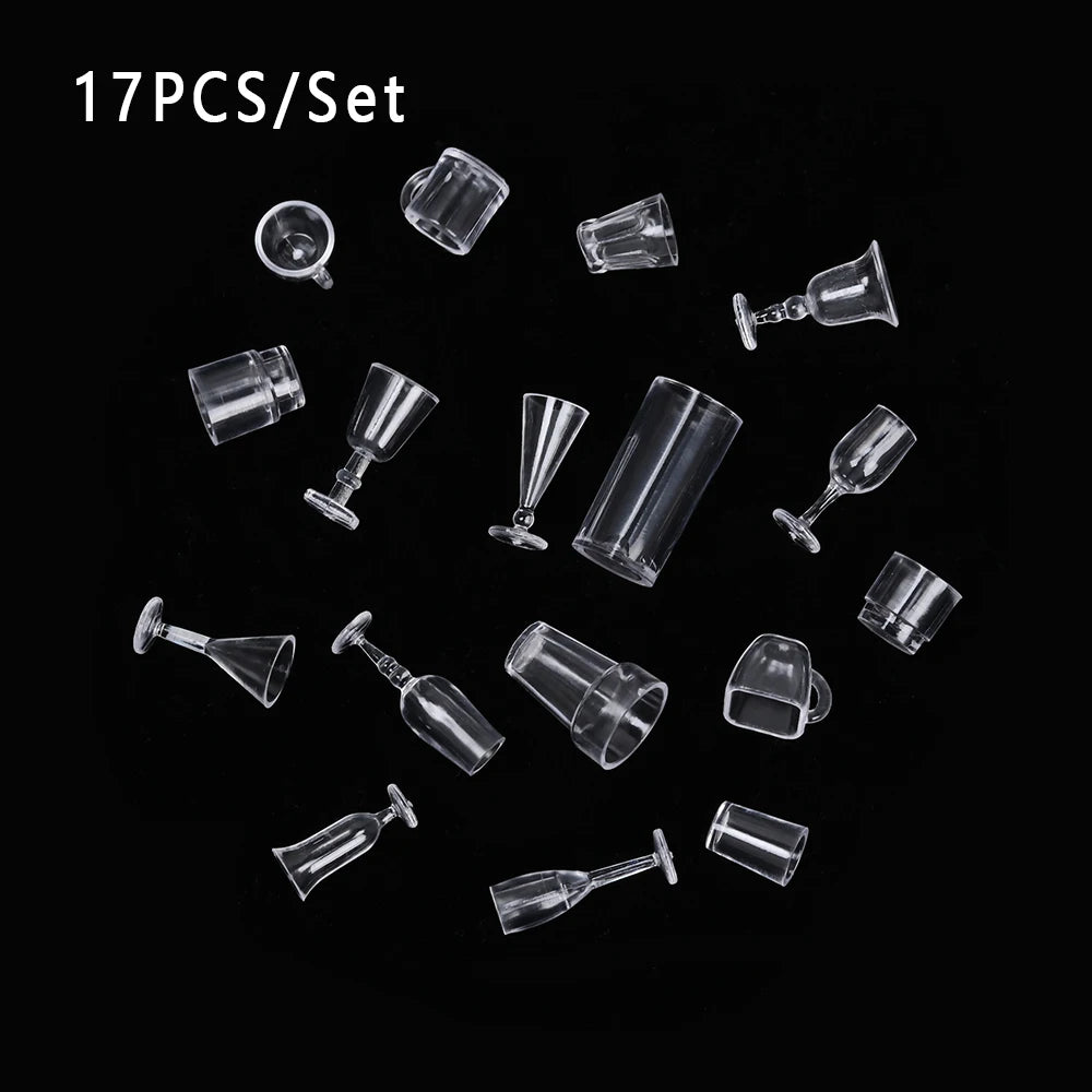 17Pcs/Set 1/12 Dollhouse Miniatures Simulation Tableware Mini Cup  Ice Cream Bowl Plastic Model Transparent Goblet Accessories