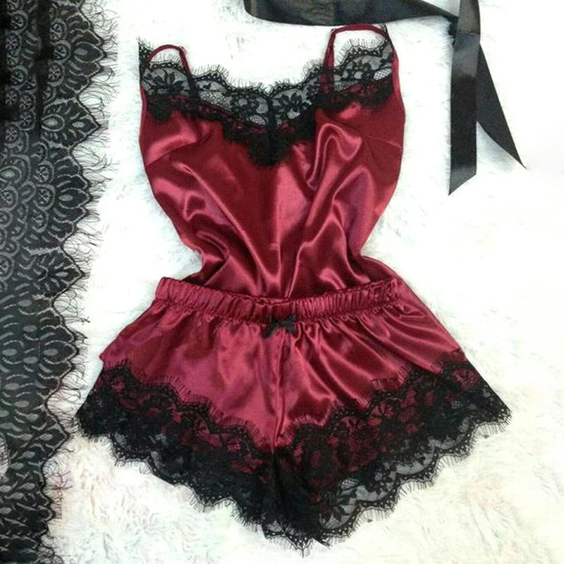 1 Set Of Sexy Women's Pajamas Sleeveless Camisole Pyjamas Lace-trimmed Satin Camisole Pyjama Set