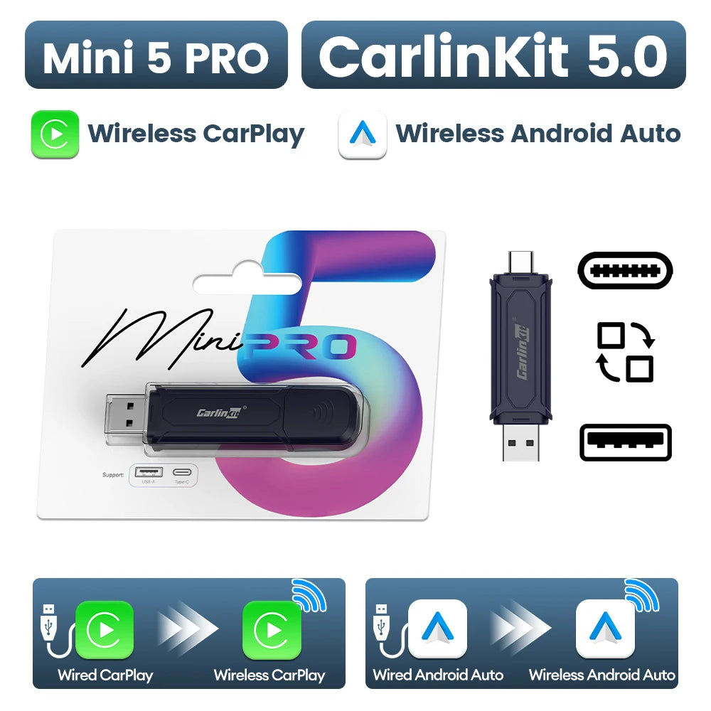 2air CarlinKit 5.0 &4 Wireless CarPlay Wireless Android Auto Box 2.4G&5.8Ghz WiFi BT Auto Connect Plug&Play For Wired AA CP Cars