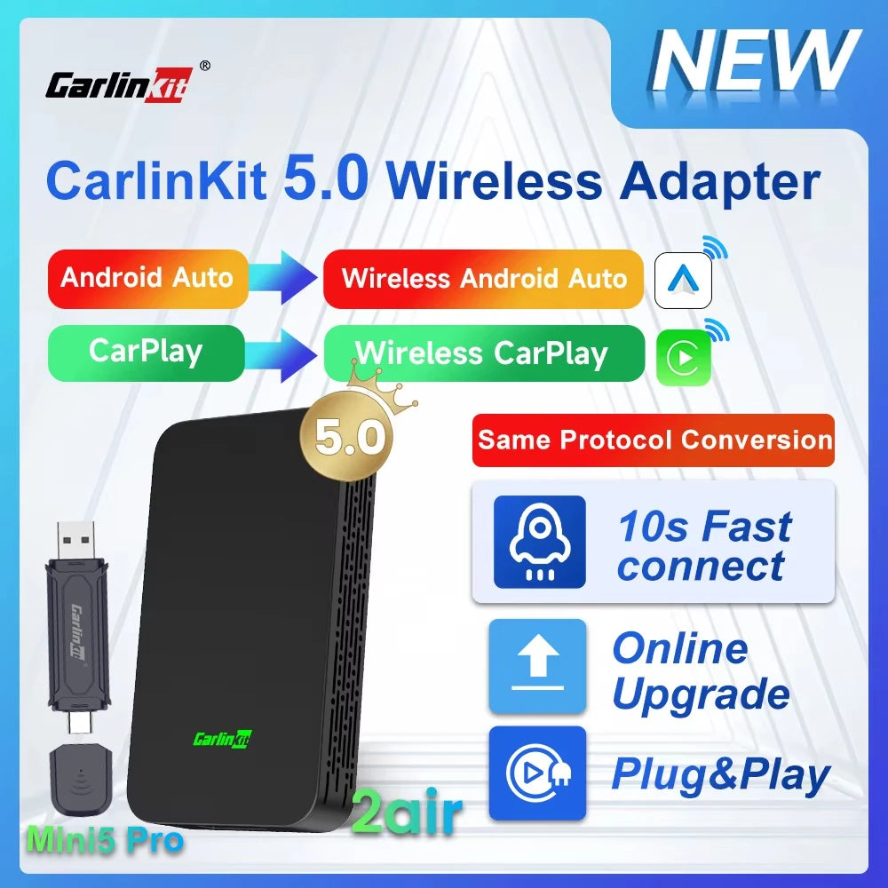 2air CarlinKit 5.0 &4 Wireless CarPlay Wireless Android Auto Box 2.4G&5.8Ghz WiFi BT Auto Connect Plug&Play For Wired AA CP Cars