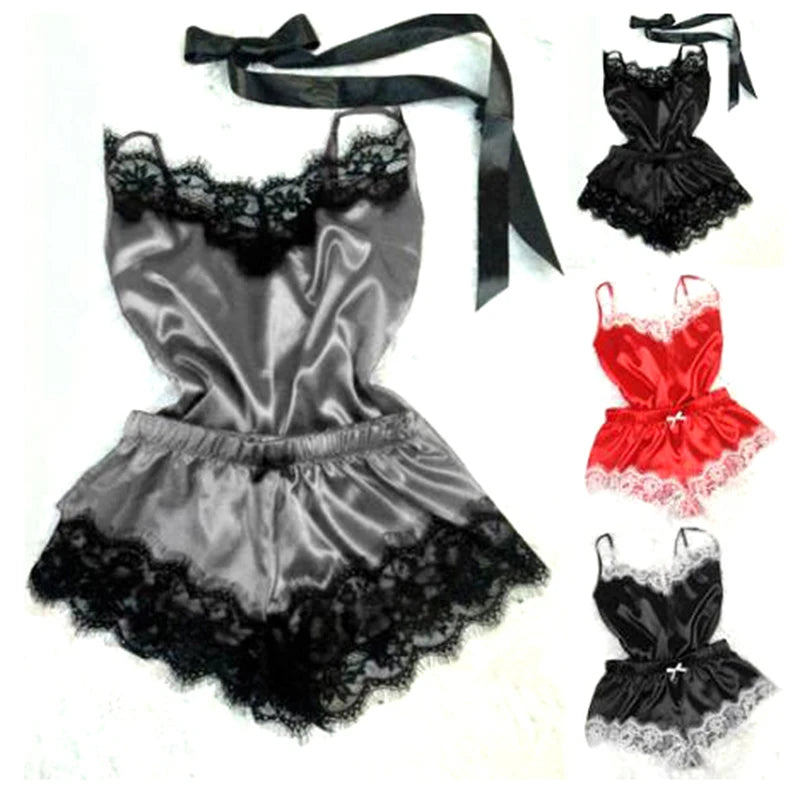 1 Set Of Sexy Women's Pajamas Sleeveless Camisole Pyjamas Lace-trimmed Satin Camisole Pyjama Set